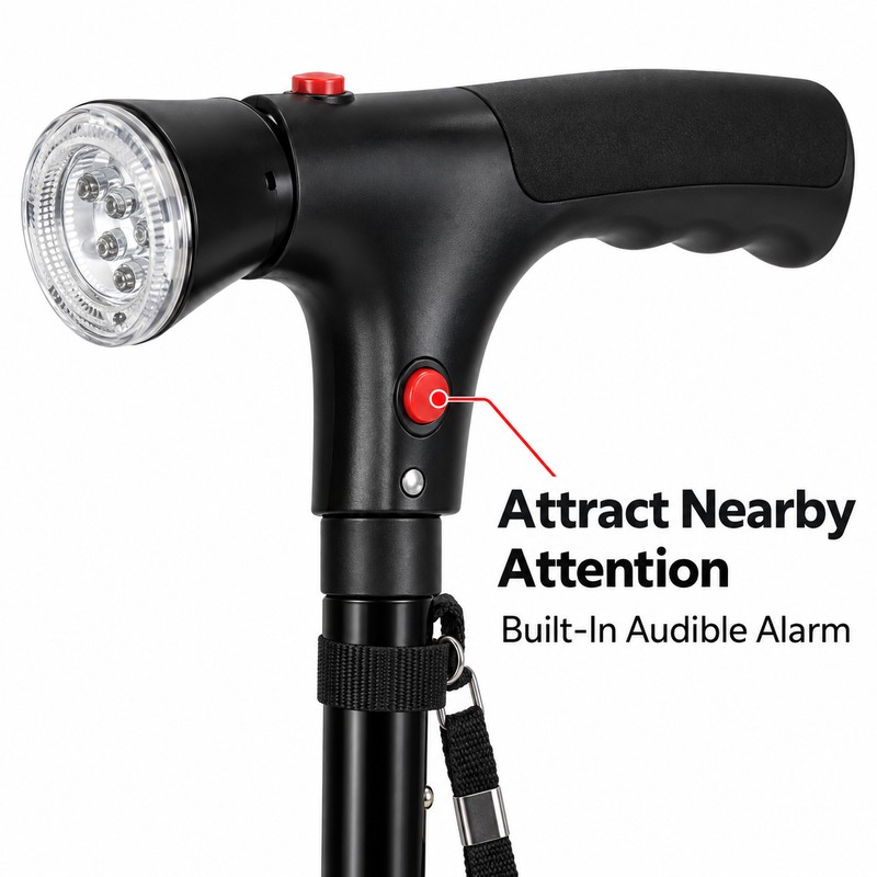 Folding Walking Cane with LED Light & Alarm – Adjustable