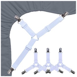 Sheet Tensioner with Metal Clips, Adjustable Elastic Bed Sheet Tensioners, 3-Way Adjustable Triangle Sheet Straps, Elastic Bed Sheet Clips for Bed Linen, Mattress Covers, Sofa Cushions (White)