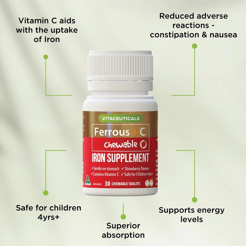 Vitaceuticals Ferrous + C Chewable Iron Supplement 30 Tablets, Vegan