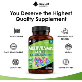 Multivitamin & Minerals 26 Essential Active Vegan High Strength Multivitamin Tablets for Women & Men with Iron A-Z Complete Daily Vegan Vitamins Gluten Free GMO Free (3 Month Supply) UK Made New Leaf