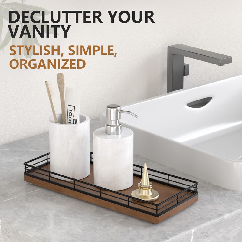Bathroom Tray for Counter Top Organizer – Oak Wood Vanity
