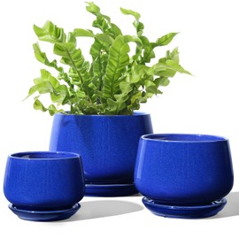 LE TAUCI Plant Pots with Drainage Holes and Saucers, 4.1" & 5.1" & 6.5" Ceramic Pots for Plants, Planters Indoor Plants - Small to Large Sized, Set of 3, Sapphire Blue