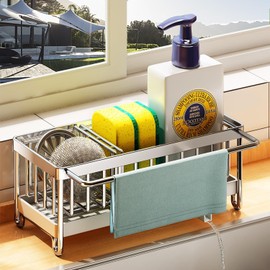 Sponge Holder for Kitchen Sink, Kitchen Sink Caddy, Dish Sponge Organizer with Divider, Dish Soap Dispenser Brush Holder Storage (Silver Large)