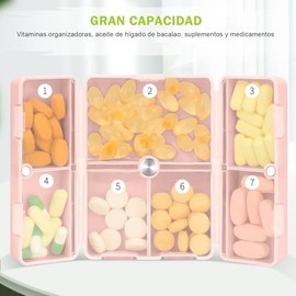 Mythya Organizadores de Píldoras, Organizador de Pastillas Portatil para Guardar Vitaminas, Aceite de Hígado de Bacalao, Suplementos y Medicamentos, Pastillero Semanal de 7 Días, Diseño Plega (Rosado)