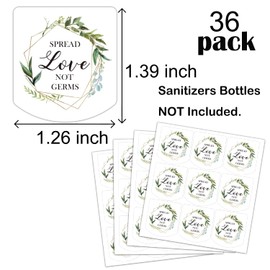 Spread Love Not Germs Sticker Wedding, Birthday Party Favor, Mini Hand Sanitizer Stickers, Greenery Wedding Favor Labels Stickers, Pack of 36, 1.26 x 1.39 Inch