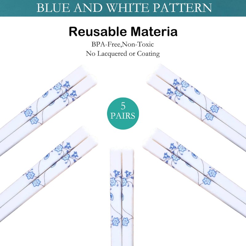 Chopsticks Reusable 5 Pairs Ceramic Chopsticks Dishwasher safe Blue chopsticks