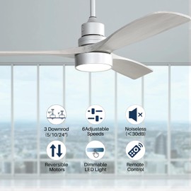 Sofucor 52 Inch Solid Wood Ceiling Fans with Lights and Remote, Dimmable 6-Speed Outdoor Ceiling Fan with Light, 3 Blade Ceiling Fan with 3-Timer Reversible DC Motor for Patio Bedroom