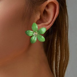 Inateannal Exaggerated Large Flower Studs Green Enamel Flower Earrings Metal Big Floral Earrings Statement Floral Petal Studs Jewelry for Women
