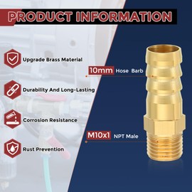 Kozelo Brass Hose Barb Fittings Adapter Connector 10mm Hose Barb to M10x1 Male Fittings for Home Machines, Massage Bathtubs, Irrigation Systems, and Brewing Equipment