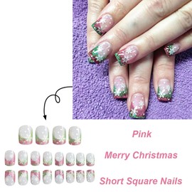 TBRZTR 24Pcs French Christmas Press on Nails Short Square Winter Snowflake Acrylic Nails with Red Green Glitter Powder Design Xmas False Nails Full Cover Coffin Nails Glossy Glue on Nails for Women