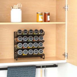 SpaceAid Spice Rack Organizer with 20 Spice Jars, 386 Spice Labels, Chalk Marker and Funnel Set for Cabinet, Countertop, Pantry, Cupboard or Door & Wall Mount - 20 Jars, 9.8" W × 10.8“H, Black