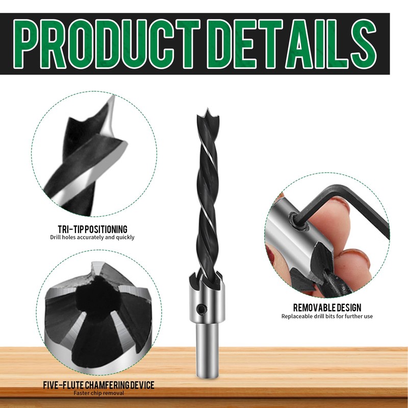 Drill with Countersink, 7-Piece Wood Drill Set, Spiral Drill Bit
