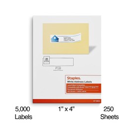 Staples® White Inkjet/Laser Address Labels 1" X 4", 5,000/Box