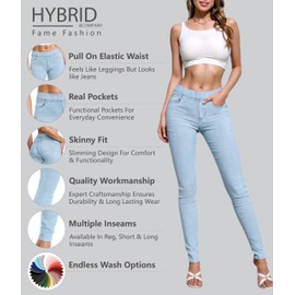 Hybrid & Company Women's Pull On Stretchy Mid Rise Skinny Fit Pants Regular or Distressed Jeans with Long Short Inseam P45944SK Light WASH L