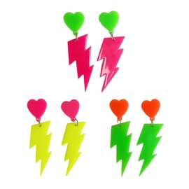 Azusa Sun 80s Neon Earrings Multicolor Acrylic Green Yellow Hot Pink Lightning Bolt Dangle Earrings for Women 70's 80's Outfit Glow Party Accessories Y2K Jewelry - 3 Pairs