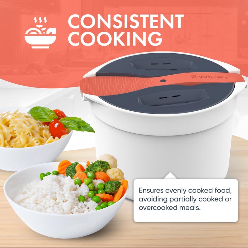 Zwippy Microwave Rice Cooker Steamer and Pasta Cooker with Strainer