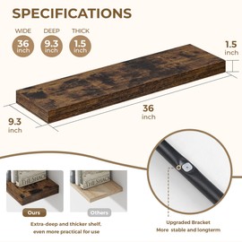 Dreamland 36 Inches Floating Shelves for Wall, 9.3" Deep Long Floating Shelves Set of 2, Large Display & Storage Shelf, Wall Shelf for Bathroom Bedroom Living Room Kitchen Office, Rustic Brown