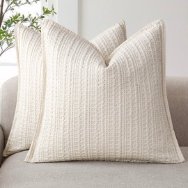 Foindtower Set of 2 Decorative Cotton Waffle Weave Throw Pillow Covers Euro Shams Cushion Covers Accent European Pillowcase for Bed Couch Sofa Bedroom Living Room Home Decor 18×18 Inch Natural Ivory