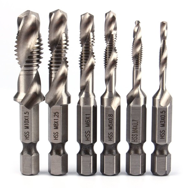 [Set of 6] Tap Drill Set, Chamfering Taps, Drill Taps, Screws, Cutting High Speed Steel, Hexagonal Shaft, For Ironworking, Helix Machines, M3, M4, M5, M6, M8, M10, Multi-functional Integrated, Drilling Bit