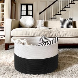 INDRESSME Large Cotton Rope Baskets for Storage, 21.7 x 13.8 Blanket Storage for Living Room Toy Baskets Storage Kids, Baby Laundry Basket for Dirty Clothes, Pillows, 90L White & Black