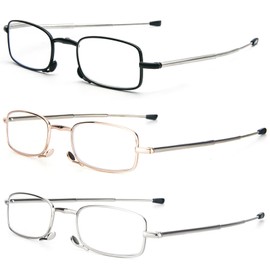 REAVEE 3 Pack Folding Reading Glasses with Keychain Compact Bags for Women Men, Blue Light Blocking Spring Hinge Portable Pocket Readers, Black Gold and Silver 1.0