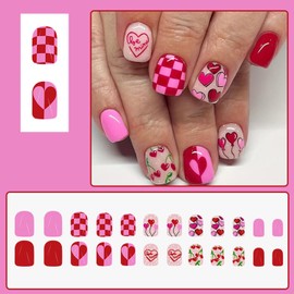 24 Pcs Press on Nails Short Square - ZIFANHU Glossy Fake Nails Press ons Nail Art Tips Full Cover Acrylic False Nails with Heart Lattice Design Glue on Nails for Women