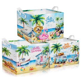 Geelin 3 Pcs Beach Baskets Summer Tropical Coconuts Tree Dog Storage Basket for Gifts Collapsible Waterproof Canvas Cute Storage Bin Organizer with Handles for Picnic Book Closet Shelf Nursery Decor