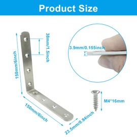 Waziaqoc 4PCS 6 x 6 Inch L Bracket, 150 x 150 mm Stainless Steel Heavy Duty Corner Brace, Shelf Support Corner Brace Joint Right Angle Bracket
