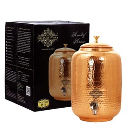 Indian Art Villa Pure Copper Water Pot With Brass Lid Tank Dispenser Storage Water | 297 OZ