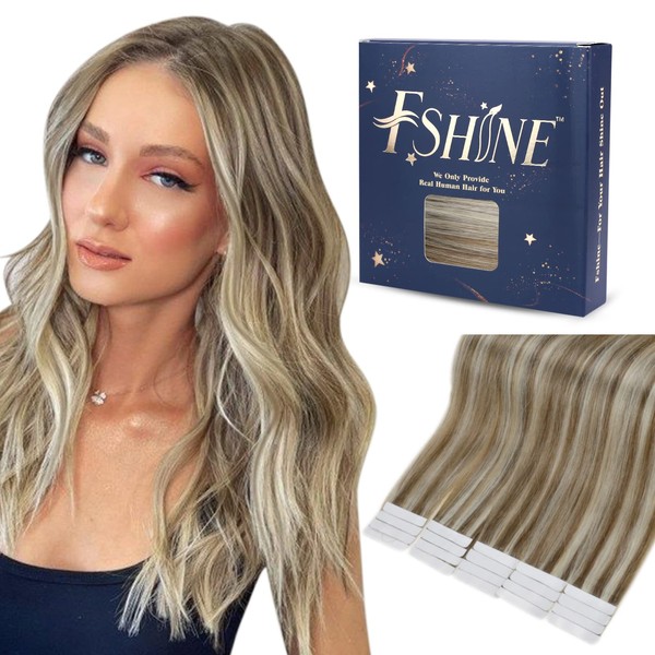 Fshine Blonde Tape in Hair Extensions, Real Hair, Glue in Hair Extensions, Colour 8 Ash Brown Highlighted with 60 Platinum Blonde, Straight Hair, 35 cm, 20 Pieces, 50 g