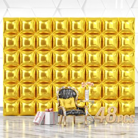 NISOCY 48PCS Gold Square Foil Balloons Wall Backdrop Metallic Double Sided Gold Balloons Tunnel Arch Kit for New Year Birthday Anniversary Graduation Party Decorations