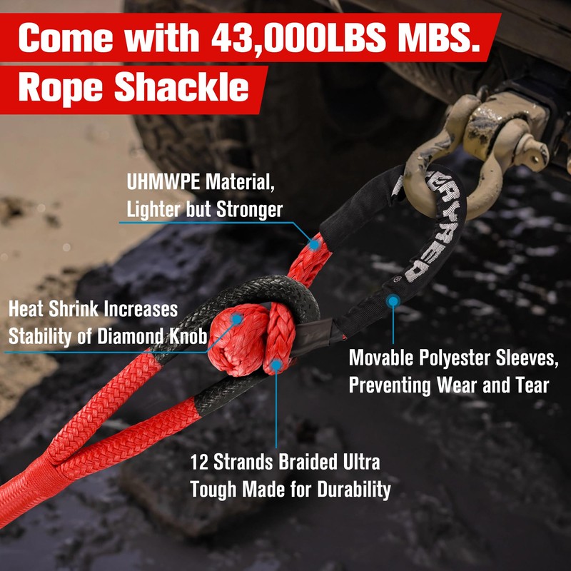 FieryRed Kinetic Recovery Rope Kit with 2 Soft Shackles, 7/8