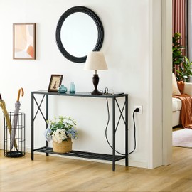 Tajsoon Console Table with Charging Station, 41.8" Entryway Table with Shelves, 2-Tier Narrow Sofa Table, Long Behind Couch Table, for Entryway, Foyer, Living Room, Hallway, Brown & Black