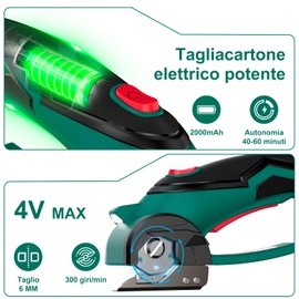 HYCHIKA Taglierina Elettrico Rotante 4V, Forbici Elettriche per Tessuti Wireless 300 giri/min, Taglierino Elettrico con 2 lame e un LED, Adatto per tessuti, Cucito, Pelle, Tappeti, Cartone e plastica