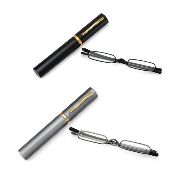 Mini gafas de lectura compactas y delgadas fáciles de transportar: lectores portátiles ligeros con estuche de tubo de clip para bolígrafo (2 unidades (negro + gris), 1.75)