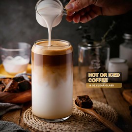 DAMCONME Glass Cups with Lids and Straws 1Pack,Glass Coffee Cups,Glass Cup with Lid for Iced Coffee,Smoothie,Cocktail,Beer,Whiskey,Soda,Matcha,16 Oz Glass Cup with Bamboo Lid,1 Brush
