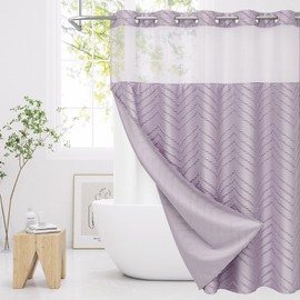 Craidlela No Hooks Boho Purple Shower Curtain Set with Snap-in Liner, Farmhouse Fabric Tufted Chevron Striped Textured Lavender Shower Curtain, Modern Style with See Through Window 72 x 74