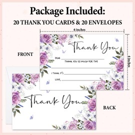 Zyoge Purple Floral Thank You Cards Fill in the Blank with Envelopes for Kids, Thank You Notes for Boys or Girls Birthday Bridal Shower Baby Shower Wedding Graduation, 20 Cards With 20 Envelopes -17