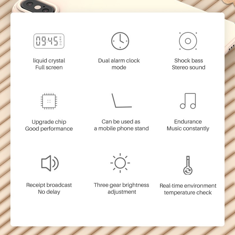 Bedside Desktop Bluetooth Mirror Surface LED Alarm Clock Speaker FM