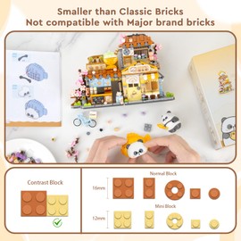 Finger Rock Street View Mini City Taiyaki Shop Building Set, Cute Panda Animals Building Toys Creative Architecture Set, Ideas Gifts for Adults Teens 14+ (858PCS)