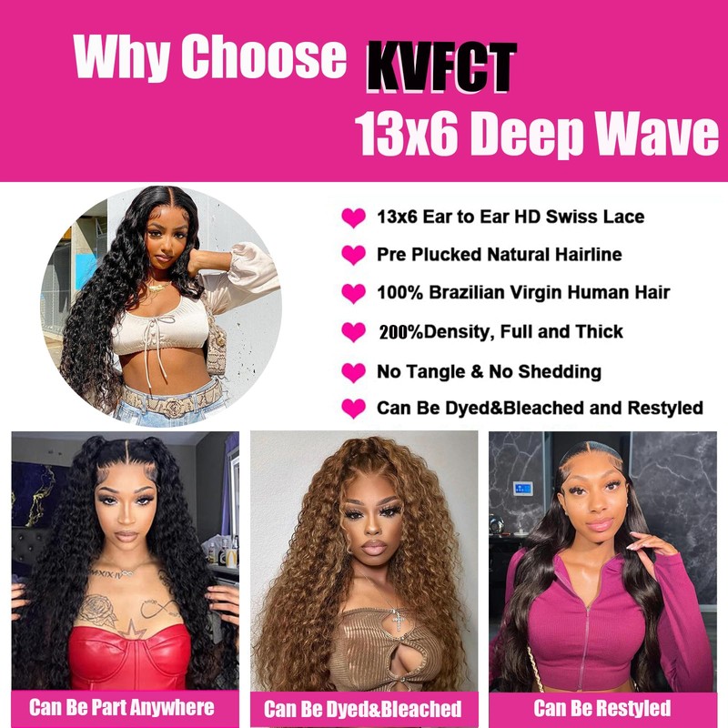 KVFCT 30 Inch Deep Wave Lace Front Wigs Human Hair