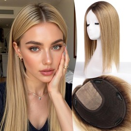 Topart 9"×9" Human Hair Toppers 16 inches for Women,100% Remy Human Hair with Multiple Non-slip Clips and Large-area Base,150% Density Top Hairpieces for Women with Thin Hair(Ombre Ash Brown)