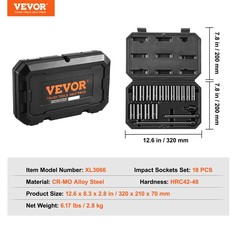 VEVOR Drive Impact Socket Set 3/8" - 18 Piece Deep