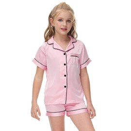 Veseacky Girls' Satin Pajamas Set Two Piece Silk Nightwear Button-Down Sleepwear for Mom and me (Pink,size 8)