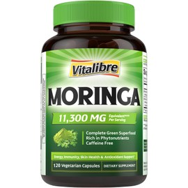 Vitalibre Moringa 11300 mg, Maximum Potency, Complete Green Superfood, Rich in Antioxidants, No Gluten & Caffeine, Non-GMO, Energy, Immune, Gut & Skin Health, 120 Vegan Capsules