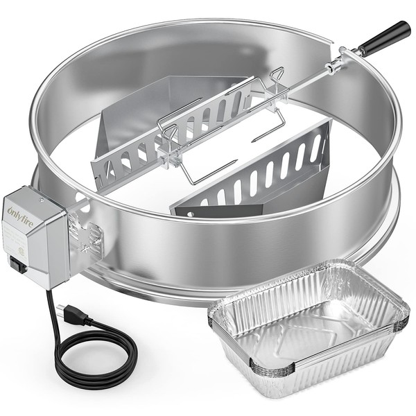 Onlyfire Upgrade Stainless Steel Rotisserie Ring Kit for Weber 22-inch Kettle Charcoal Grills, Comes with Charcoal Baskets and 10 Pack Drip Pans
