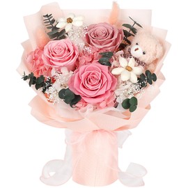 Konserviertes Blumenstrauß mit Bär, 3 Echte Ewige Blumen zur Lieferung, Langanhaltender Rosa Rosenstrauß, Geburtstagsgeschenke für Frauen, Mutter, Ehefrau, Sie