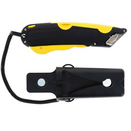 Veltec EZ-1000 Safety Box Cutter Utility Knife, 3 Blade Depth Setting, Squeeze Trigger and Dual Side Edge Guide, 2 Blades, Holster and Lanyard (Yellow)