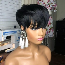 Yviann Human Hair Short Wigs Pixie Cut Wigs with Bangs Short Black Layered Wigs for Women 1B Color Summer Wig Glueless Full Machine Made