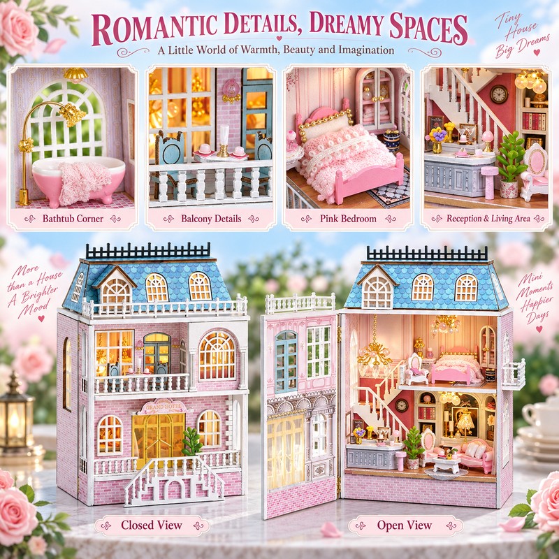 DIY Miniature House Kit with Furniture and LED Light, Wooden